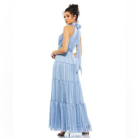 MAC DUGGAL High Neck Tiered Maxi Dress Slate Blue Metallic Silver Formal  Size 4 - Picture 5 of 15
